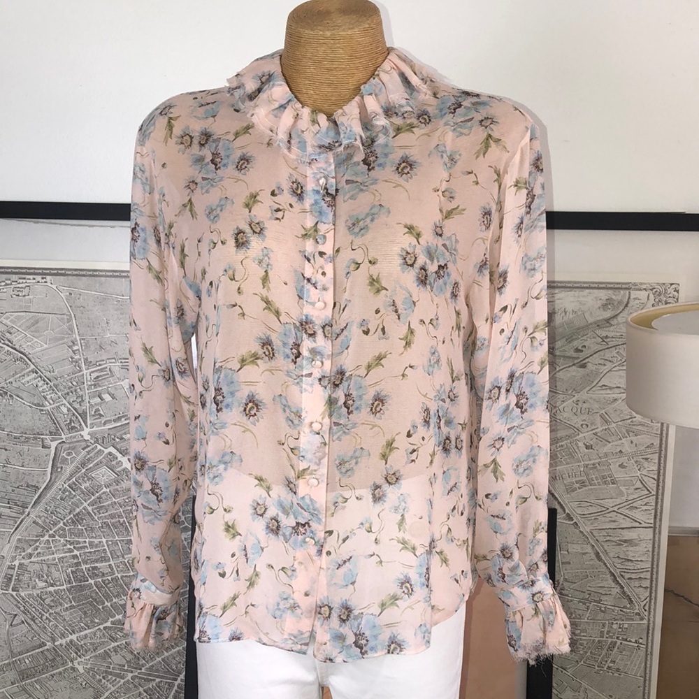 LOVESHACKFANCY Silk Floral Ruffle Collar Blouse - Pink and Blue Size M